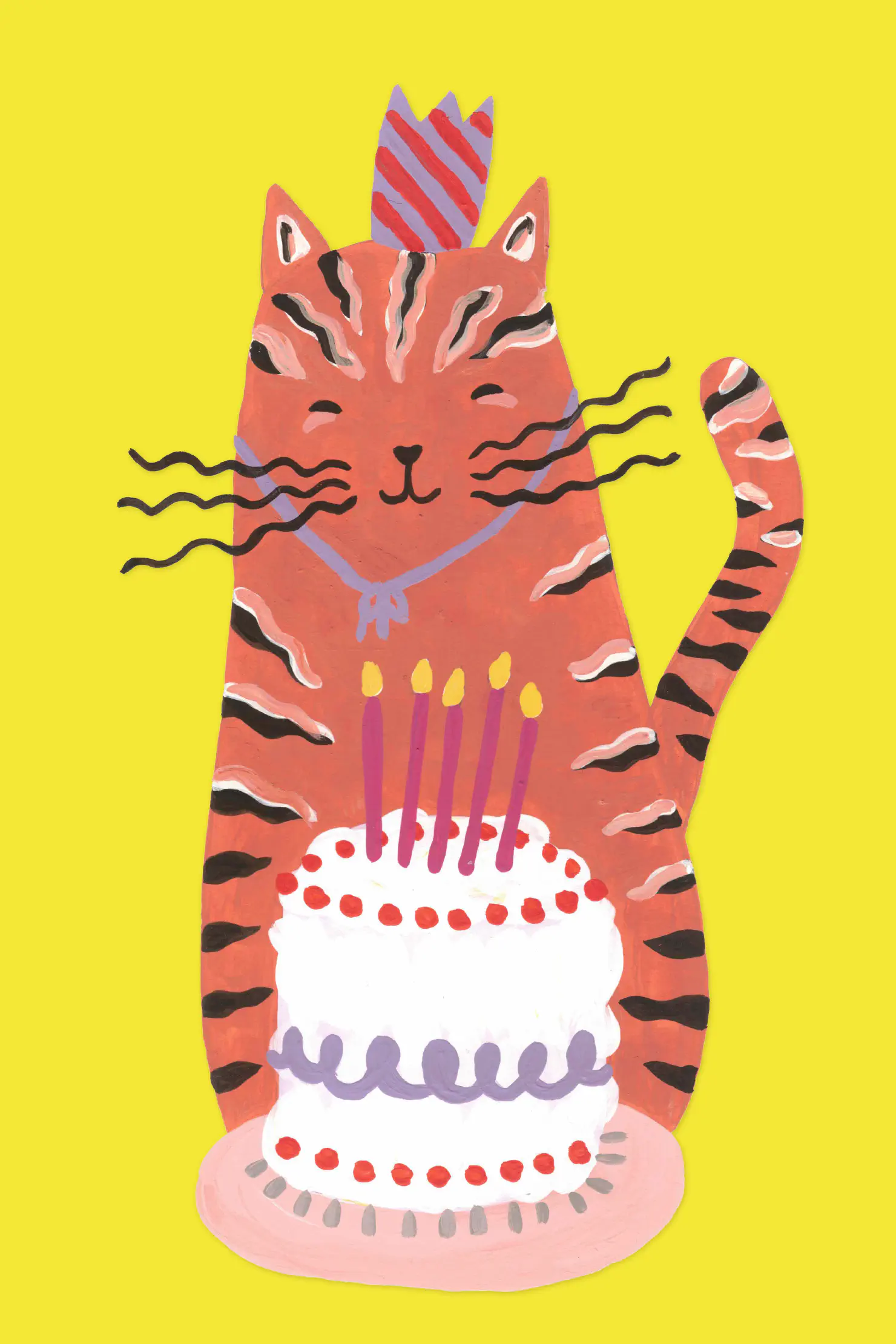 Illustration of a cat in front of a birthday cake